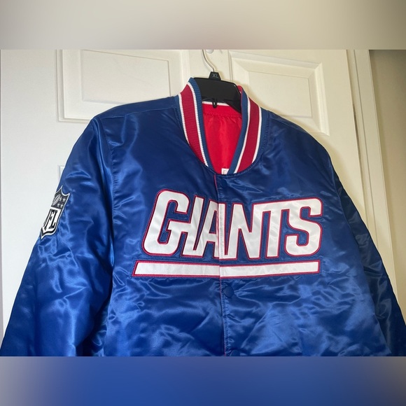 New York Giants  Reversible Starter Satin Jacket Blue / Red Size Large NWT Snap - Picture 3 of 15